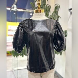 Black Faux Leather Puff Sleeve Top – Statement Shiny Blouse
